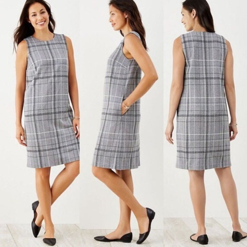 J JILL Ponte Gray Plaid Soft Knit Shift Dress S Side Pockets Preppy Sleeveless